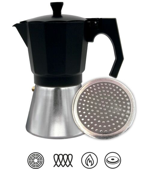 CAFETERA ITALIANA DE ALUMINIO/NEGRO, 6 TAZAS, MOKKA INDUCCION - BASTILIPO 367